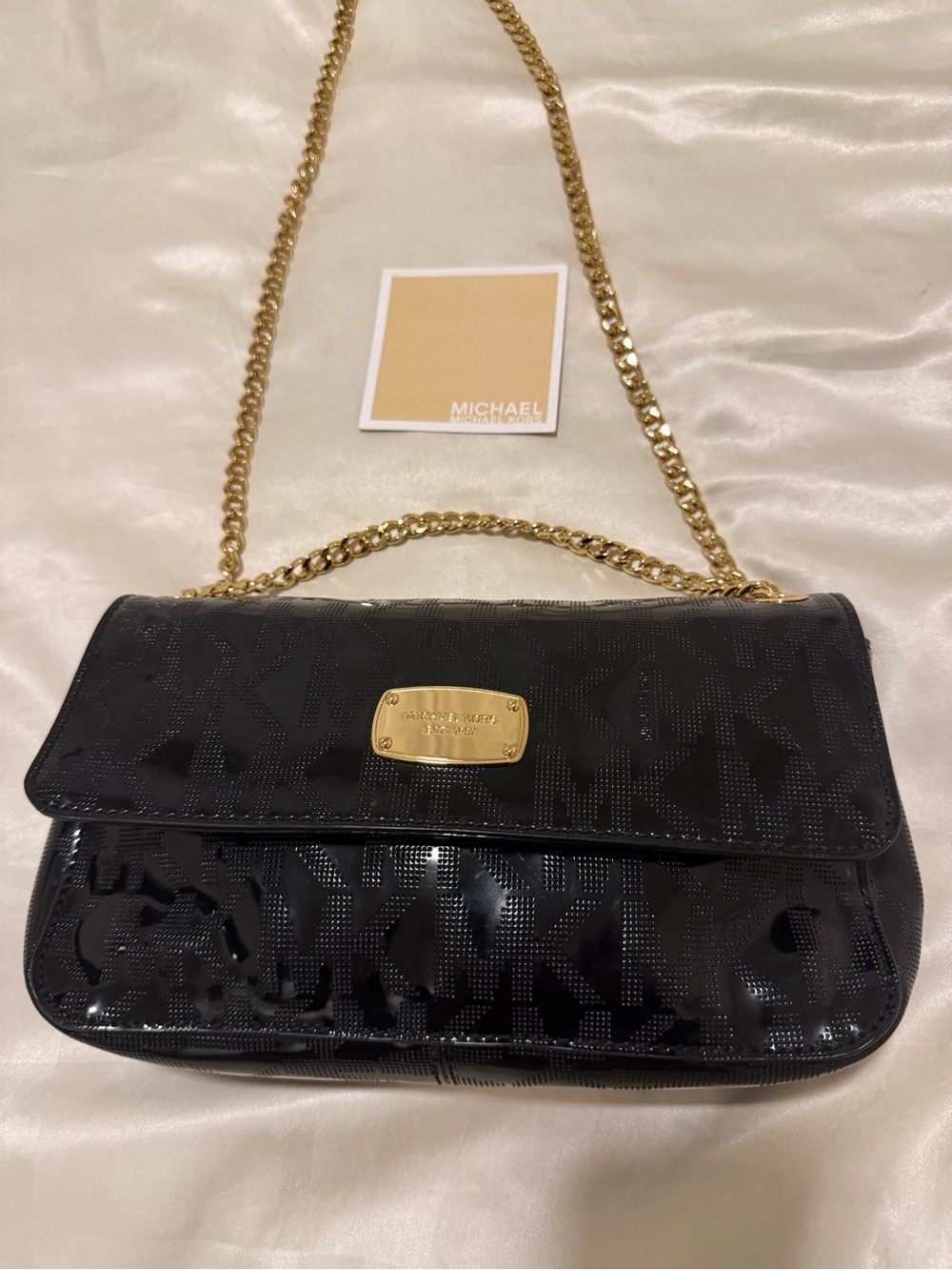 Michael Kors Black Patent Shoulder Bag with Gold Chain